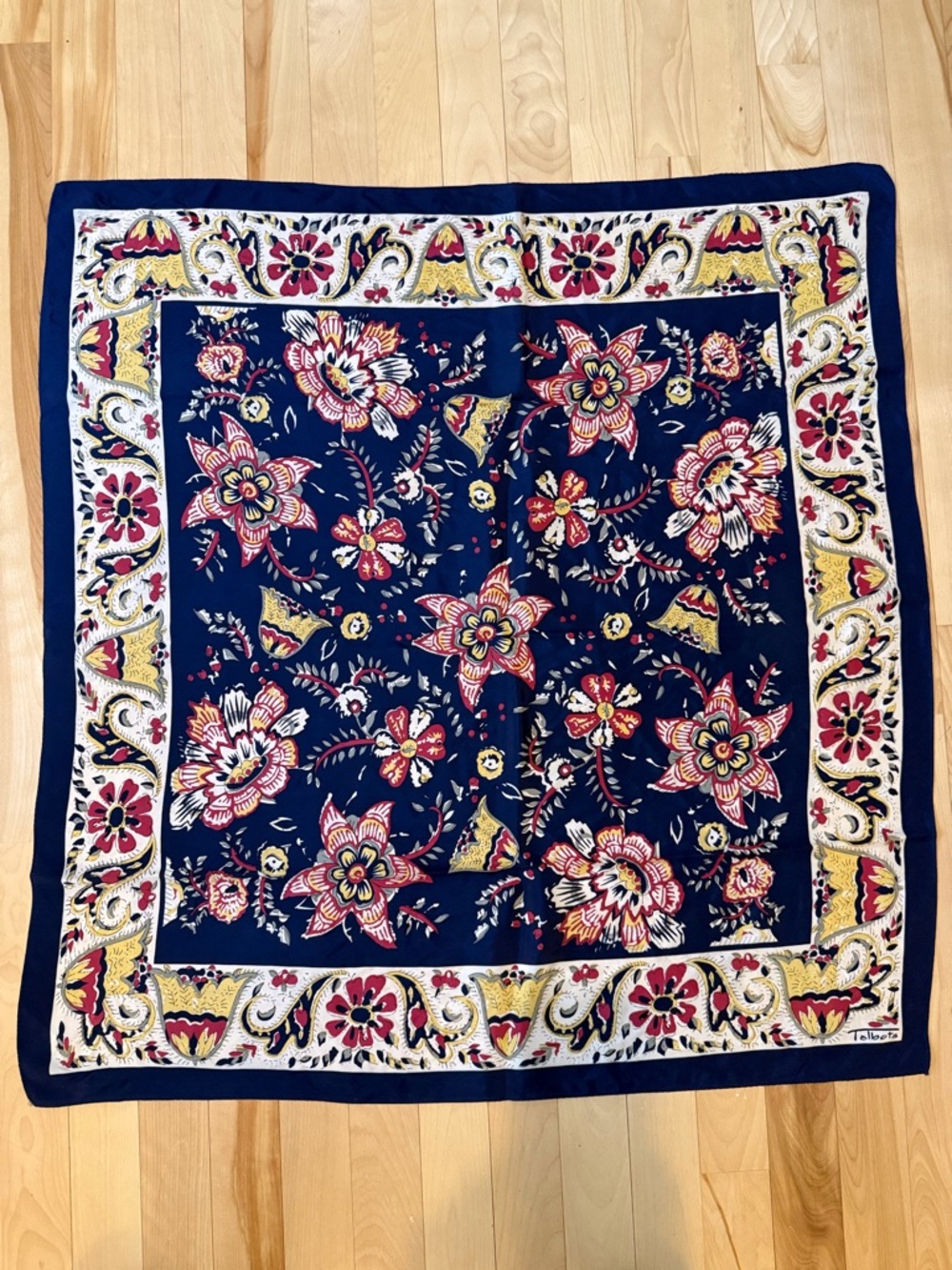 Talbots silk scarf navy yellow red floral batik style rolled edges square - Picture 2 of 6